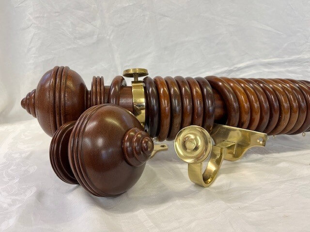 Antique Mahogany pole set with Ball with Rib finials, rings and brass brackets